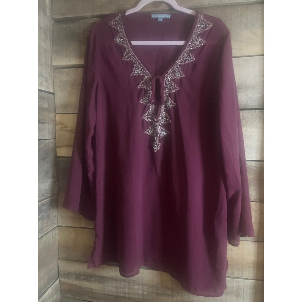 Antonio Melani Burgundy Beaded Sequin V-Neck Tunic Blouse Bell Sleeve Medium